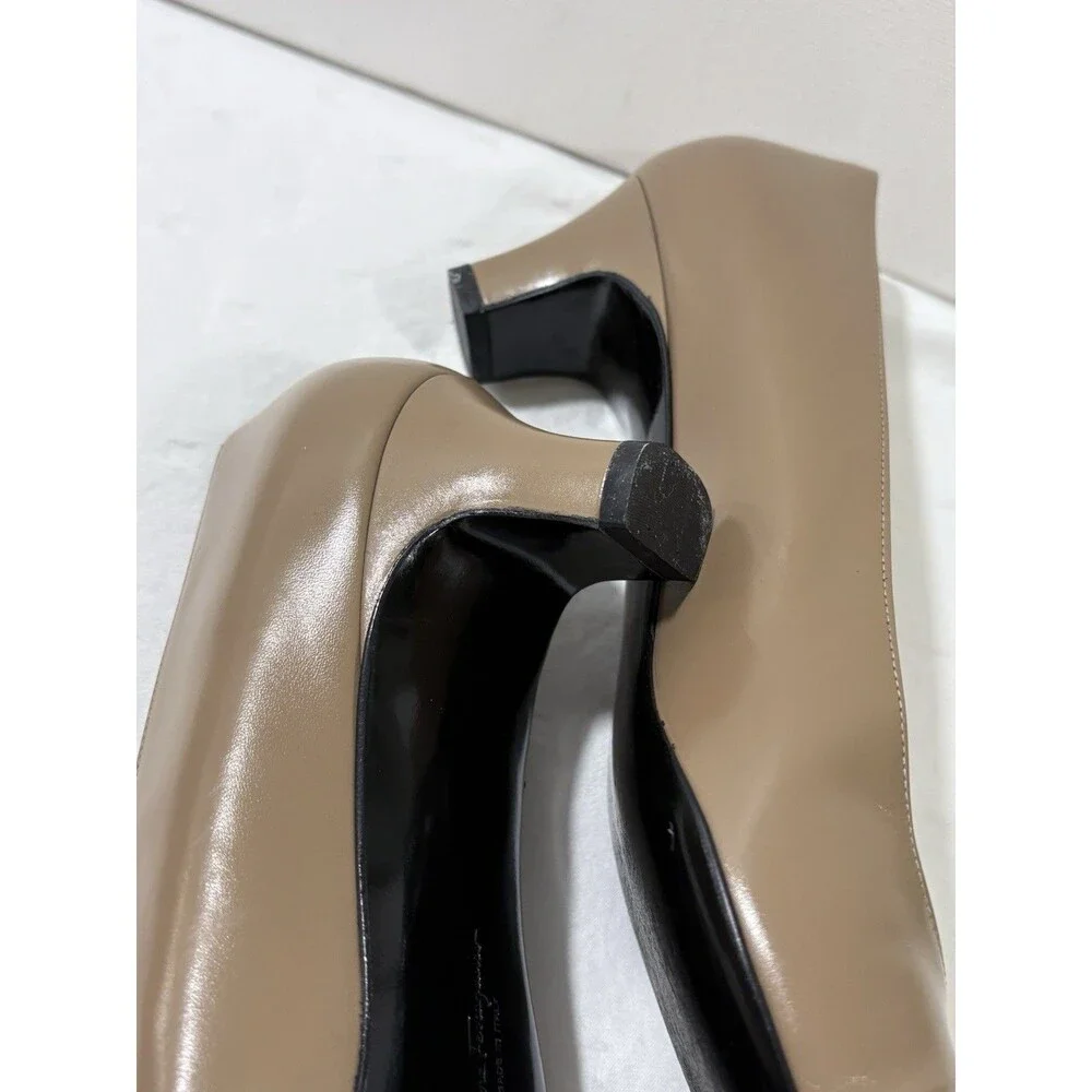 Vintage Salvatore Ferragamo Lizard Cap Toe Kitten Heels Taupe Beige Size 10 4A